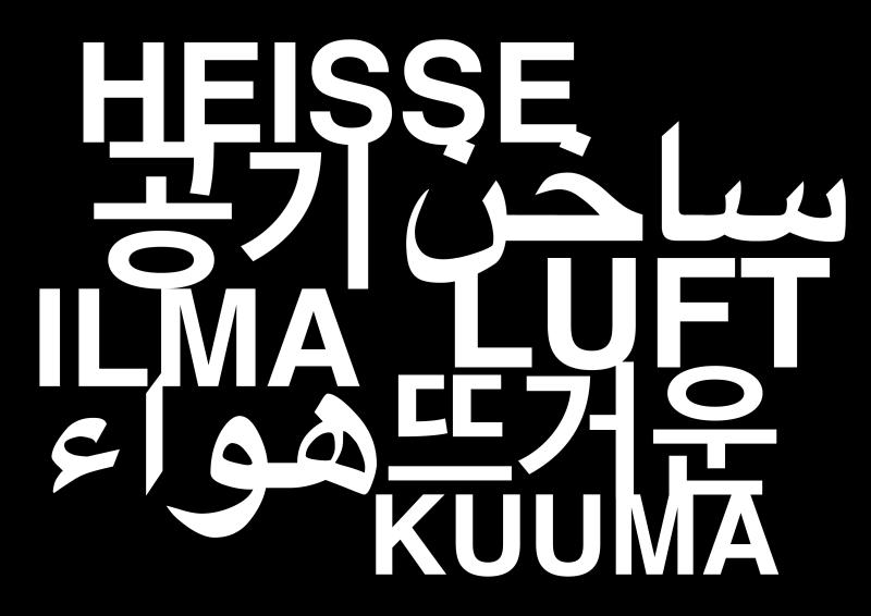 Mehrsprachige Wortcollage mit dem Ausdruck „Heiße Luft“ in verschiedenen Schriftsystemen, visuell verdichtet in Weiß auf schwarzem Hintergrund.