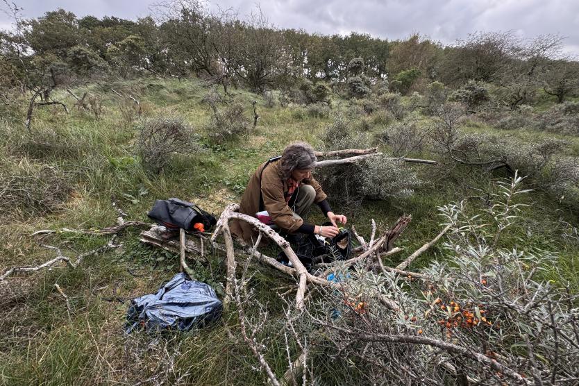 Eine Person sitzt in einer offenen, naturbelassenen Landschaft zwischen Sträuchern und trockenem Geäst. Sie trägt wetterfeste Kleidung und ist mit einer Tasche und weiteren Ausrüstungsgegenständen beschäftigt. Die Umgebung wirkt wild und herbstlich mit graugrüner Vegetation unter einem bewölkten Himmel.