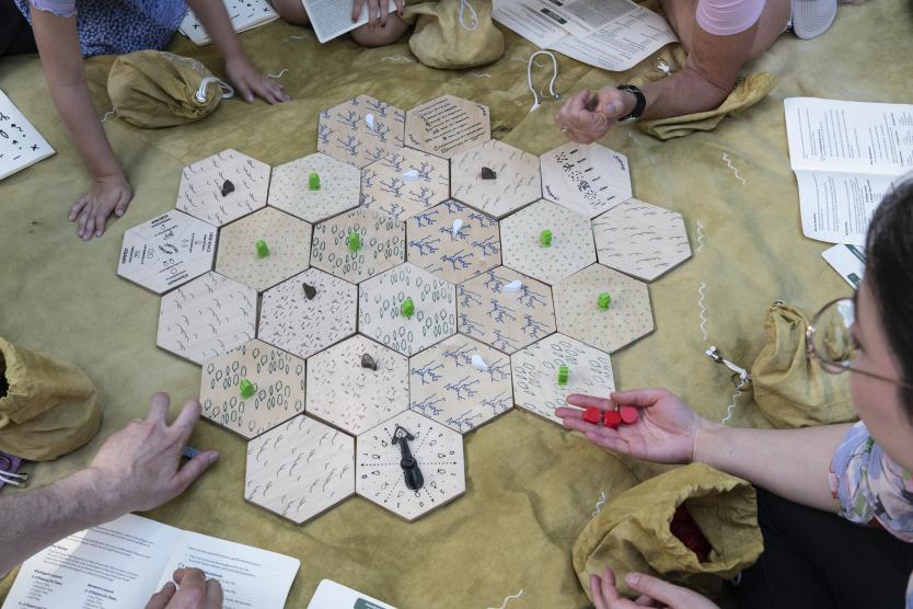 Vogelperspektive auf ein Brettspiel aus sechseckigen Holzfeldern, das von mehreren Personen auf einer Decke im Freien gespielt wird.  Top-down view of a custom board game made of hexagonal wooden tiles being played on a blanket by a group of people.