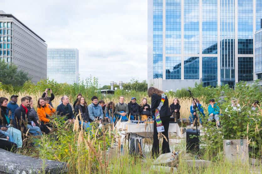 Ein Publikum sitzt zwischen hohem Gras auf einer Bepflanzungsfläche im Freien und schaut einer Performerin vor modernen Bürogebäuden zu.  An audience sits among tall grass in an outdoor green space, watching a performer in front of modern office buildings.