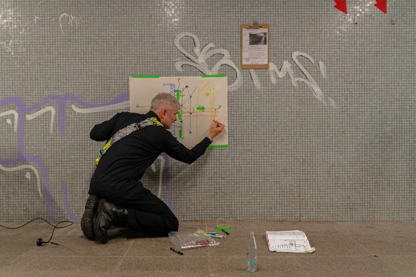 Ein Mann kniet auf dem Boden einer gefliesten Unterführung und zeichnet mit einem Stift auf eine an der Wand befestigte Skizze.  A man kneels on the floor of a tiled pedestrian underpass, drawing with a pen on a sketch taped to the wall.